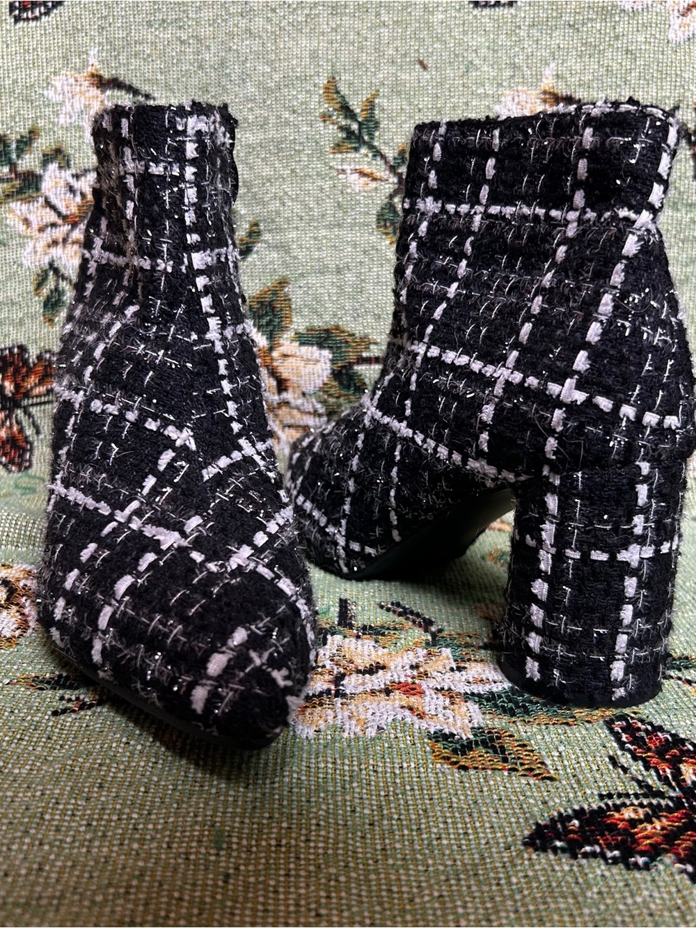 Black & White Faux Tweed Block Heel Ankle Boots